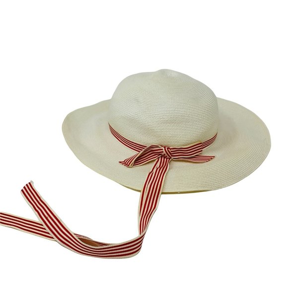 Vintage 1950s Sun Hat White Red Striped Ribbon Chin Strap Bonwit Teller Dapper main image 9
